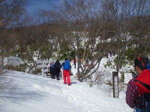 鳥居をくぐりながら、雪道を歩く、傾斜もきつくなく比較的歩きやすいが、陽気がいいので、けっこう汗ばむ!